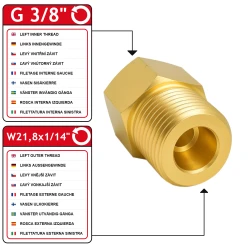 Riduzione bombola GZ 21,8x1/14 LH / 3/8″ LH per bombole da campeggio GPL e cannelli da copertura
